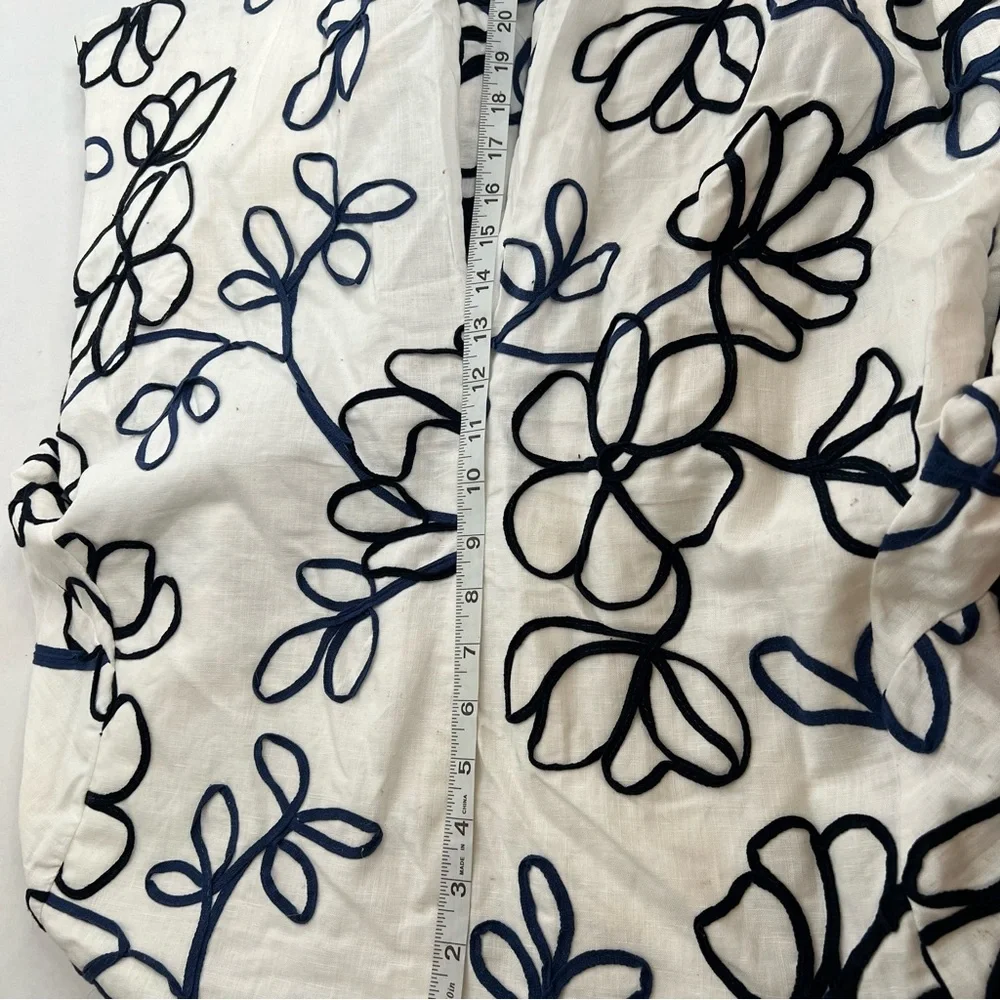 Coldwater Creek White Linen Open Jacket Black Embroidery Long Sleeve Hemstitched